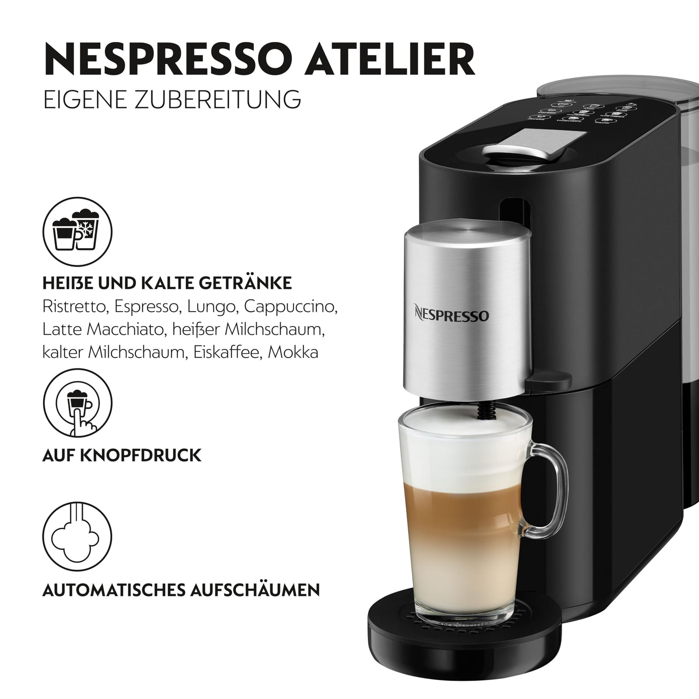 Krups XN8908 Nespresso Atelier Kaffeemaschine mit Milchaufschäumer | 1 L Wassertank | inkl. Glastasse+Kapseln | 19bar Druck | schwarz/ silber