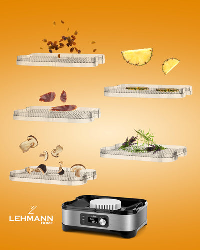 Lehmann LHOFD-4525 Dörrautomat Edelstahl 450W | Dörrgerät für Lebensmittel mit 5 Dörrebenen | Dehydrator mit Temperaturregler 35-70°C | Trockner für Obst, Pilze, Fleisch, Kräuter, BPA frei