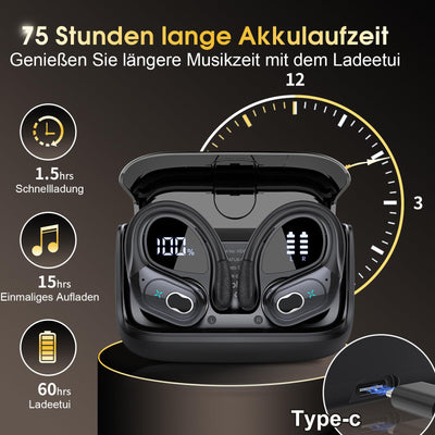 Aptkdoe Bluetooth Kopfhörer Sport, Kopfhörer Kabellos Bluetooth 5.3 mit ENC Mikrofon, 75 Stunden HiFi Stereo Bluetooth Kopfhörer In Ear, IPX7 wasserdichte Ohrhörer mit Ohrhaken für iOS Android