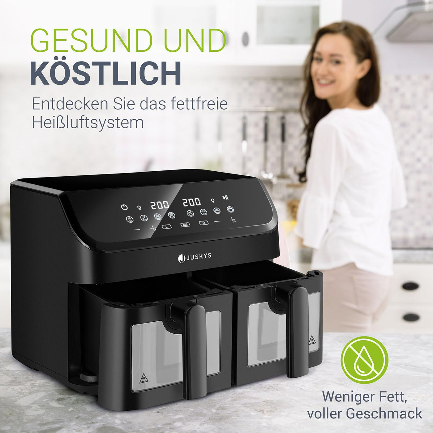 Juskys Heißluftfritteuse 9 L Doppelkammer - XXL Fritteuse mit 2 Körben, 9 Programme, Smart Finish, teflonbeschichtet