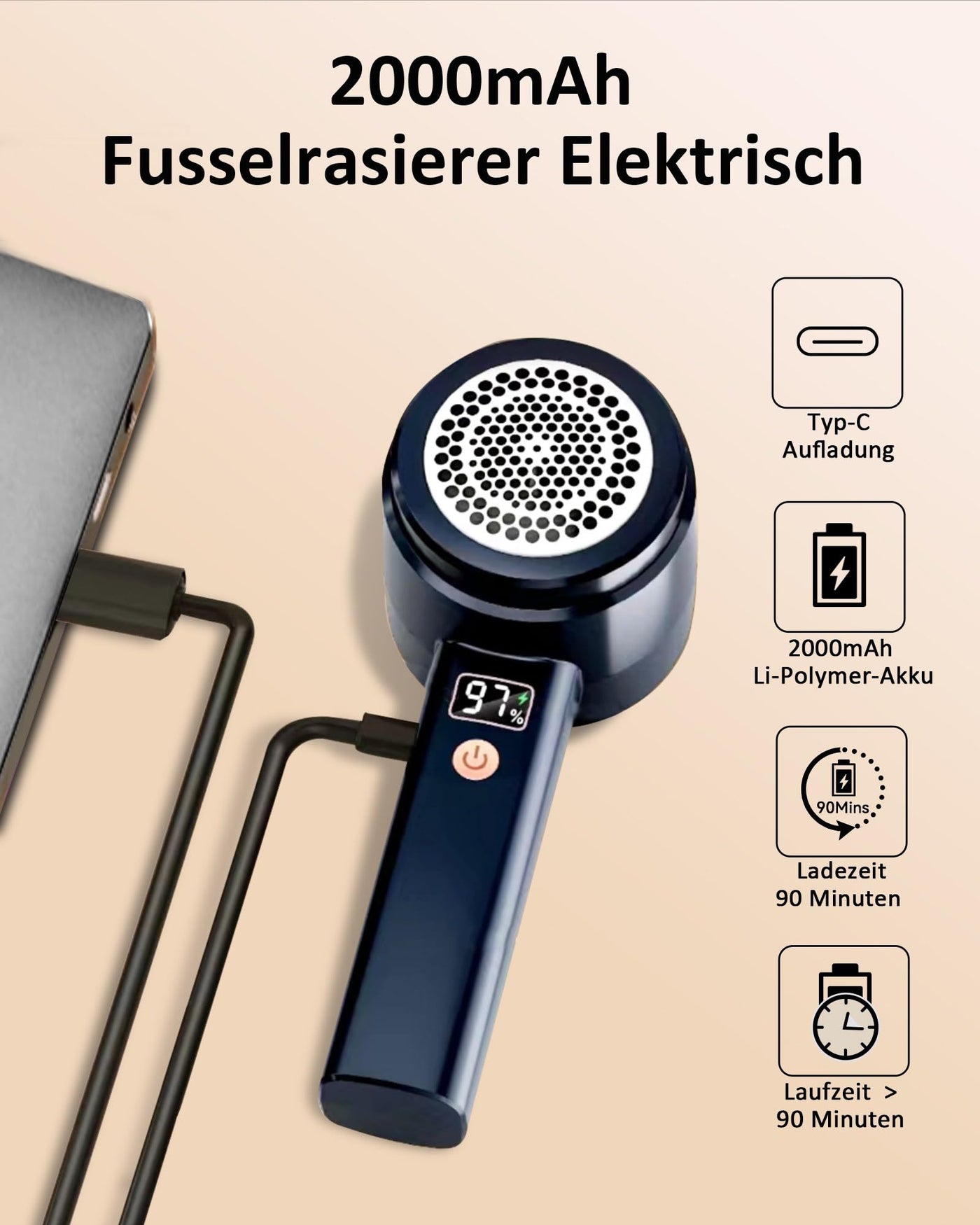 2000mAh Fusselrasierer Elektrisch Tragbarer Stoffrasierer,Einstellbare 3 Geschwindigkeit,6-Blatt-Klingen,LED-Anzeige Fusselentferner Type-C-Ladekabel Fuselrasier für Verschiedene Stoffe,Kleidung,Möbel