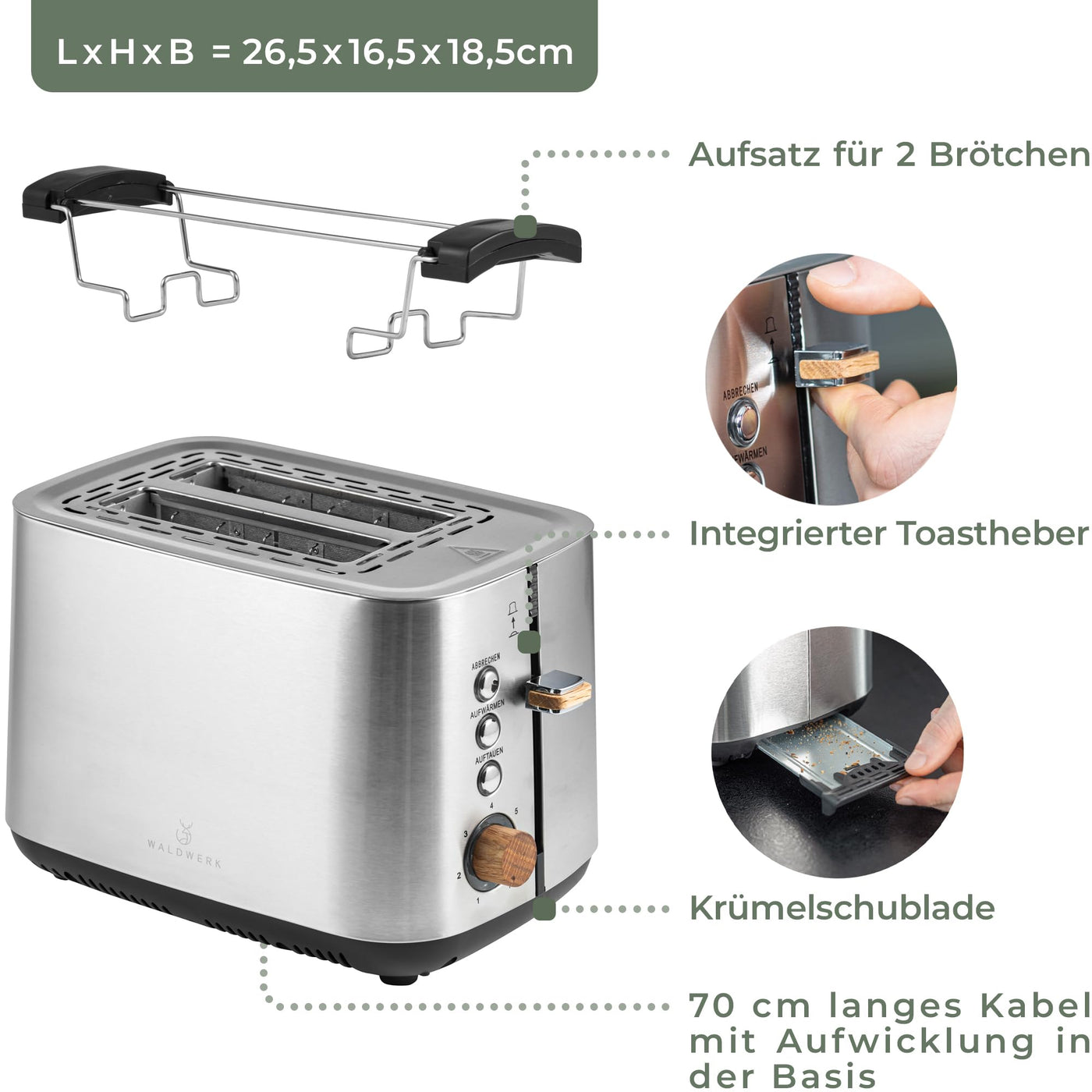 WALDWERK Design Toaster - aus 304 Edelstahl und Eichenholz - für 2 Scheiben - mit Brötchenaufsatz - mit extra breiten und tiefen Toastkammern - mit Krümelschublade