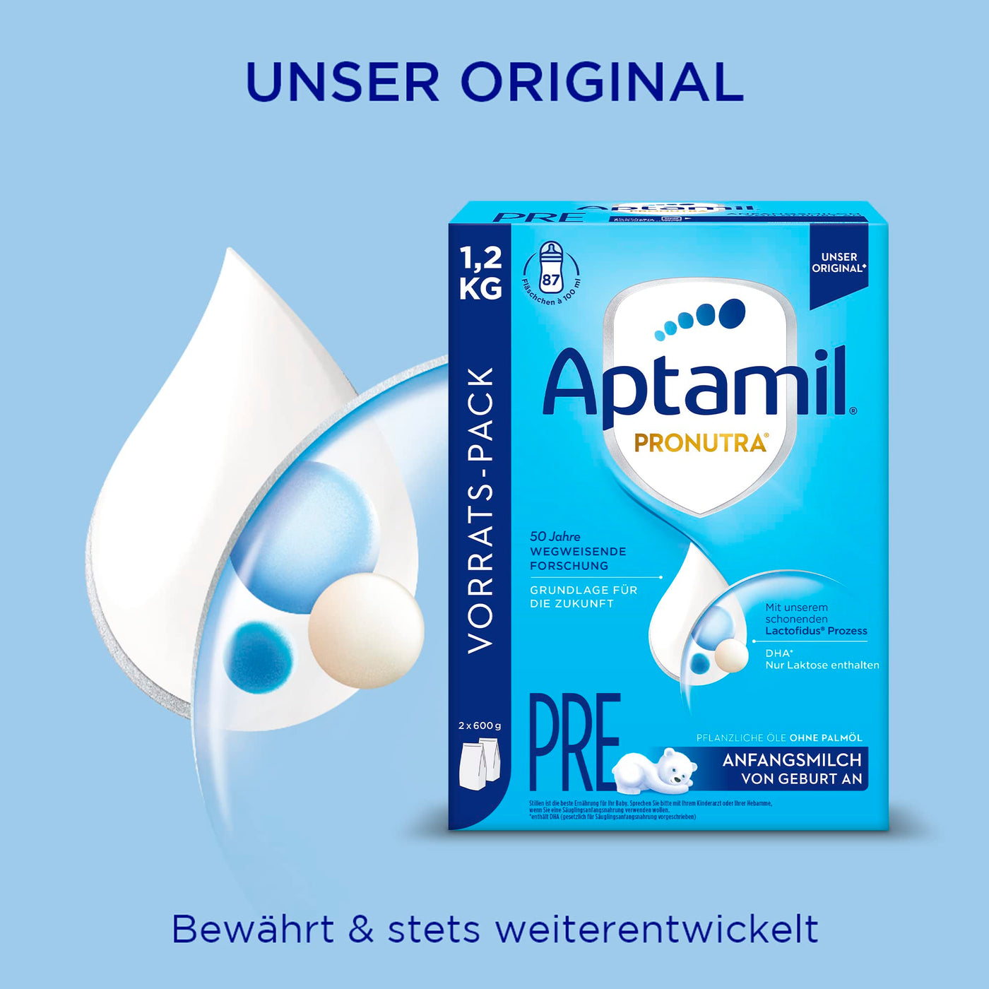 Aptamil Pronutra Anfangsnahrung Pre, von Geburt an, ohne Palmöl, mit schonendem Lactofidus Prozess, Vorratspack 1,2kg