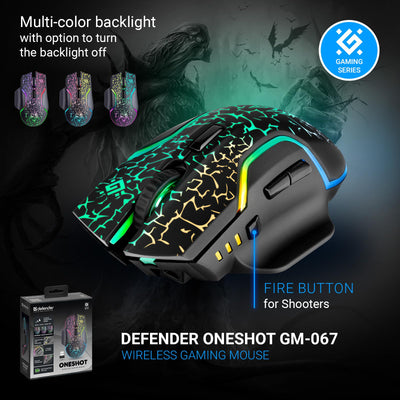 Defender Oneshot kabellose Gaming Maus 3200 DPI, 5 programmierbare Tasten, mehrfarbige RGB-Beleuchtung, bis zu 240 hrs Akkulaufzeit, Computermaus für PC, Mac, Laptop, Schwarz