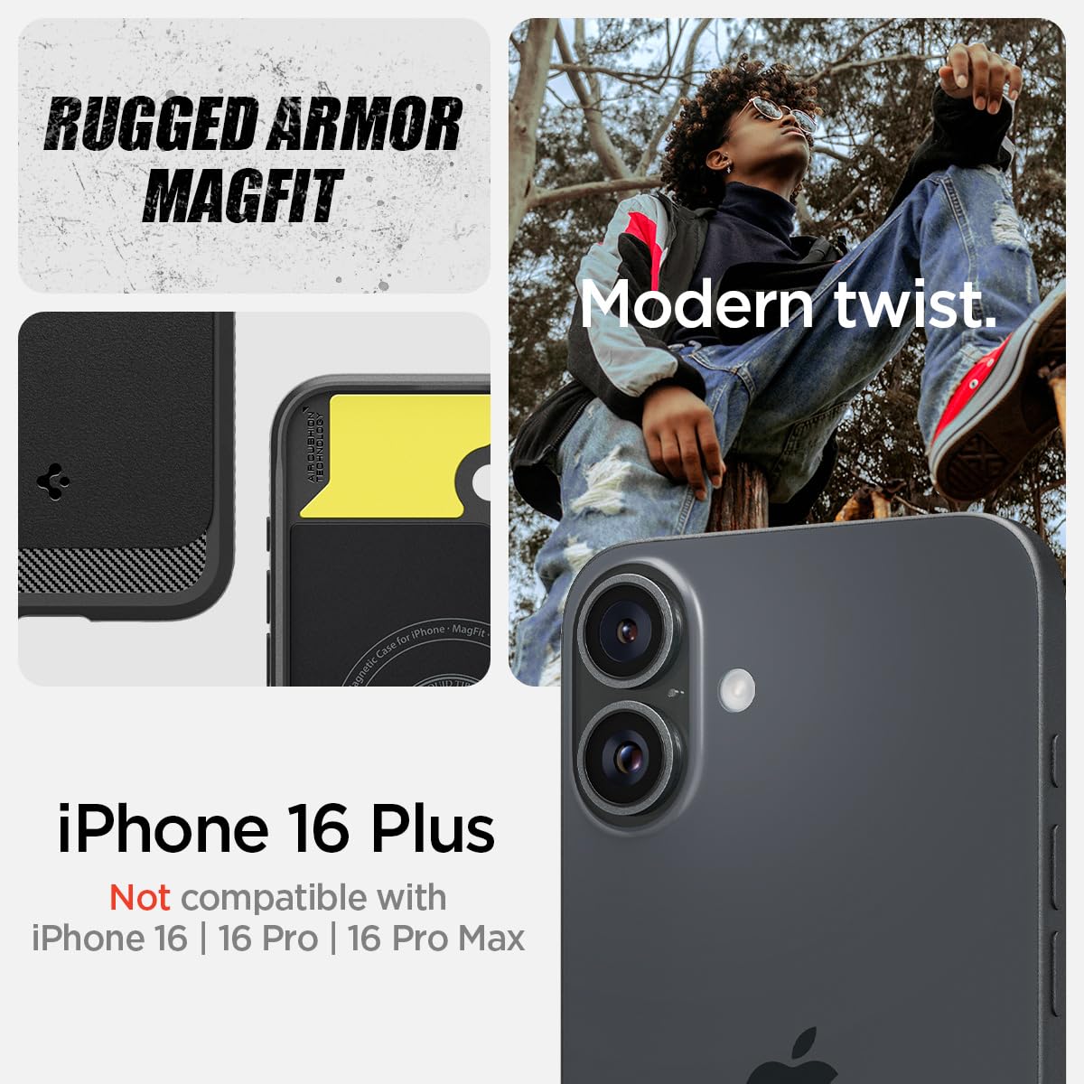 Spigen Rugged Armor MagFit Hülle für iPhone 16 Plus, Kompatibel mit MagSafe Zubehör -Schwarz