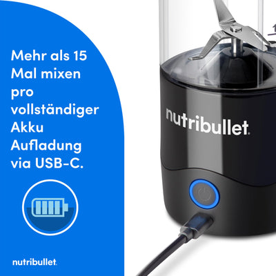 nutribullet Portable Mixer, 475ml BPA-freies Tritan Becher, Mini-Mixer mit 4-Punkt-Edelstahlklinge, Multifunktionsmixer, USB-C-Ladegerät, 15+ Mixvorgänge, NBP003B, Black