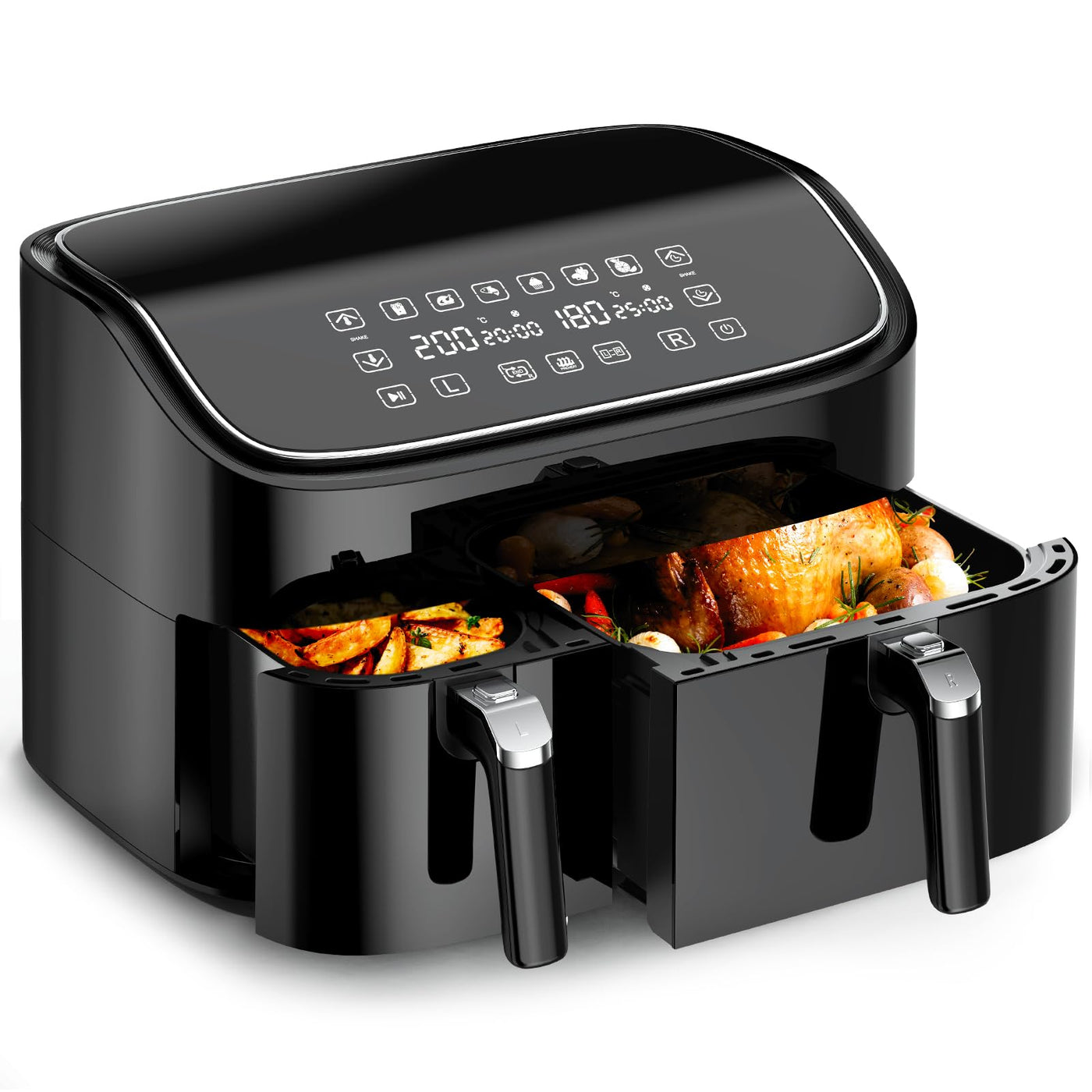 Dual Zone Heißluftfritteuse 2 kammern, Air fryer 9L Separate Antihaftbeschichtung, Airfryer 3L & 6L mit Sync-Finish Funktion, 6-in-1 Kochvorgaben, Touchscreen, Timer-Funktion, Gesunde Friteuse ohne Öl