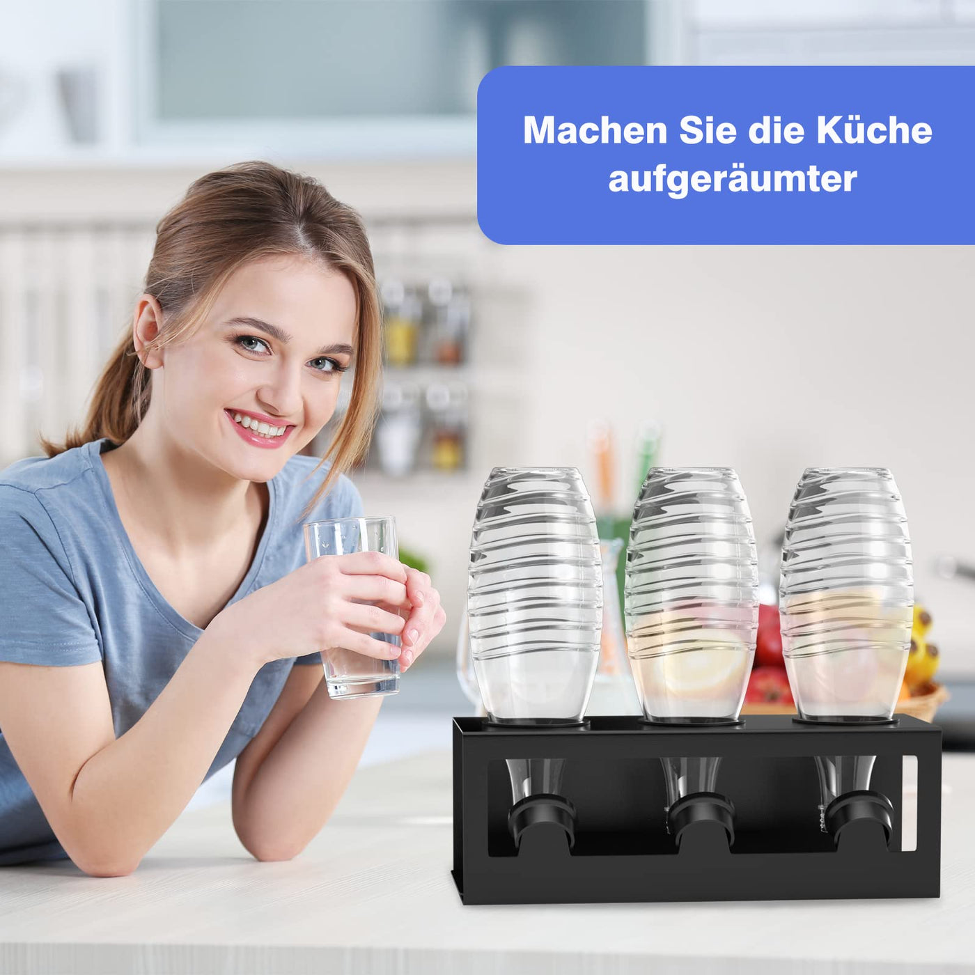 HOMMAND Flaschenhalter für SodaStream Crystal und Emil Flaschen, Edelstahl Flaschenhalter Abtropfgestell Abtropfständer für 3 Flaschen, mit Silikonschutzringe Abtropfschale und Deckelhalter Schwarz