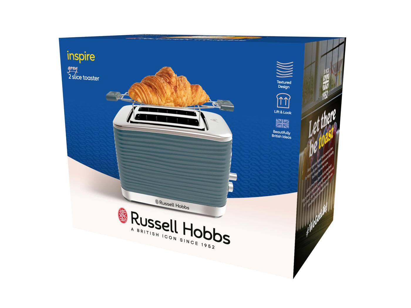 Grille-pain Russell Hobbs [pour 2 tranches] Inspire Grey avec structure brillante de haute qualité (fentes de toast extra larges, y compris grille à pain, 6 niveaux de brunissage + fonction décongélation et réchauffage) 24373-56