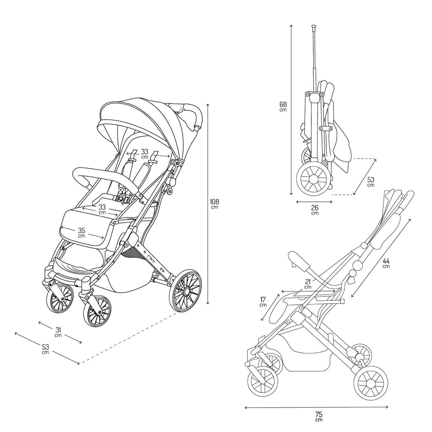 MOMI ESTELLE Kinderwagen für Kinder ab 6 Monat bis zu max. Körpergewicht von 15 kg, H105 x B51 x T75 cm, klappbar auf die Maße H65 x B51 x T21 cm, Gewicht 7,5 kg, 5-Punkt-Sicherheitsgurt