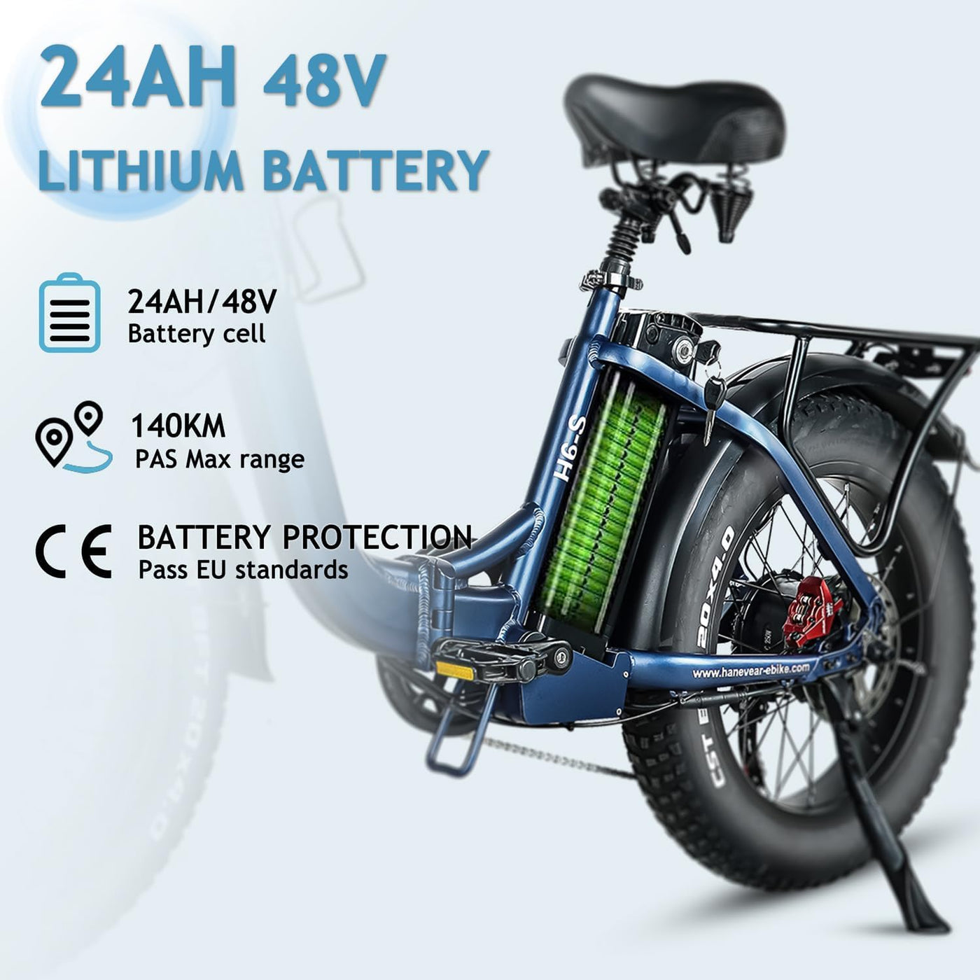 HANEVEAR H6-S Elektrofahrräder E Bike Klapprad, 24Ah 140km+ Battery, E Fatbike 20x4'' All-Terrain Fat Tire, 250W Motor 25km/H, E Bike Damen Herren 180kg Payload, 168-195CM (Gold+Blau)