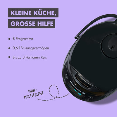 REISHUNGER Digitaler Reiskocher klein, schwarz | 0,6 L bis 3 Personen | Warmhaltefunktion, Timer & Premium Topf | Kleiner Multikocher & Dampfgarer, 8 Programme, 7-Phasen-Technologie