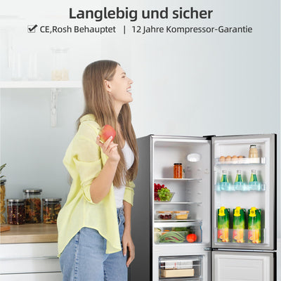 CHIQ CBM159LEBD Freistehender Kühlschrank mit Gefrierfach | Kühl-Gefrierkombination 144 cm Höhe, 47 cm Breit, 157L(109L/48L) | Low Frost | 152 kWh/Jahr | LED Litcht | | Schwarz Inox