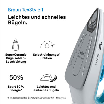 Braun TexStyle 1 Dampfbügeleisen SI 1050BL - Bügeleisen mit SuperCeramic Bügelsohle, Vertikaldampf, 2000 Watt, Blau