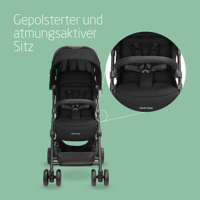 Maxi-Cosi Lara2 Baby Kinderwagen, 0–4 Jahre, 0–22 kg, federleichter, kompakter Buggy, 3 Liegepositionen, flache Liegeposition, klein zusammenklappbar, Schultergurt, Essential Black