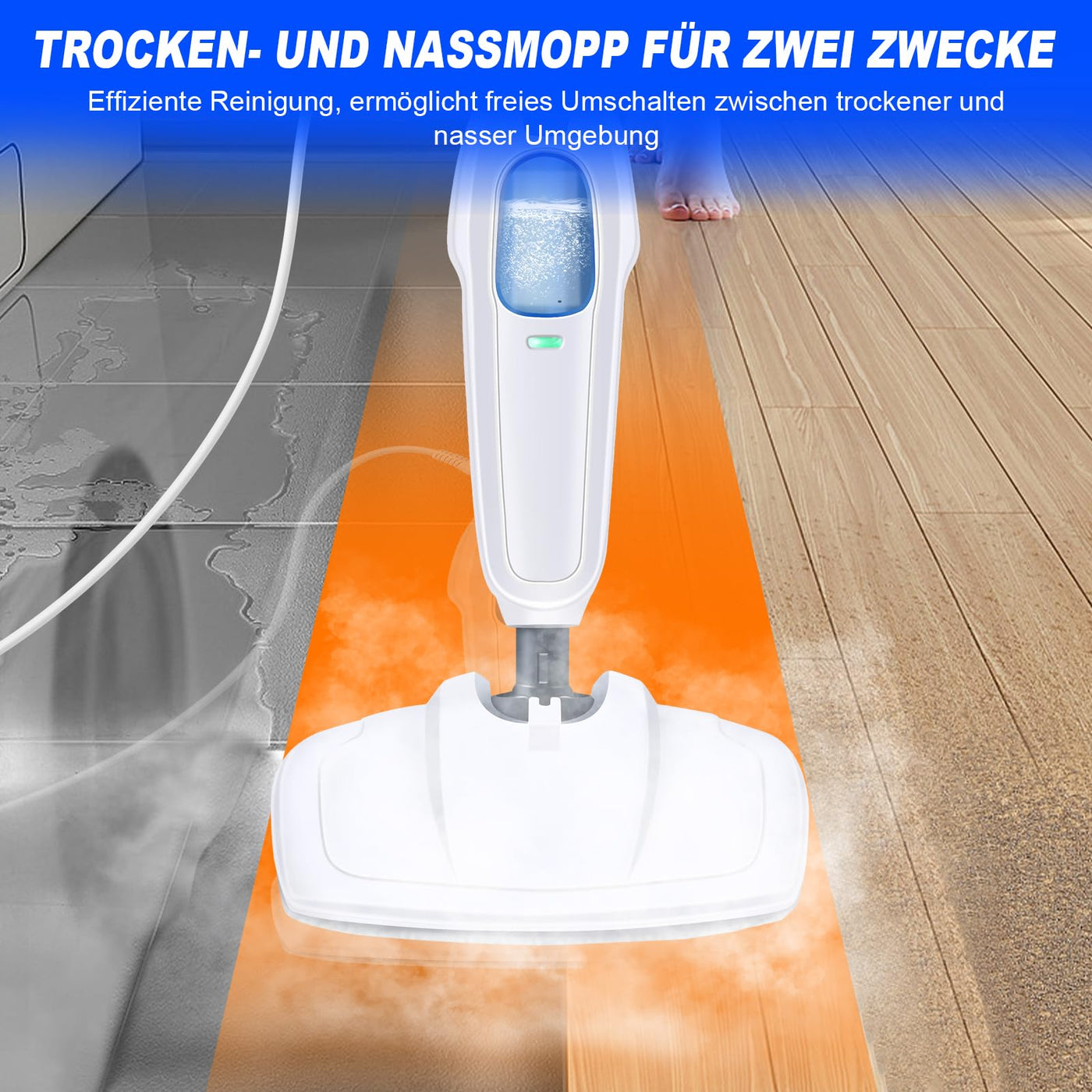 Dampfreiniger 1500W Dampfbesen Bodendampfreiniger Hand-dampfreiniger bis 108°C Elektrischer Bodenwischer mit Wassertank, Bodentuch, Entfernt bis zu 99,9% der Bakterien für Tiefenreinigung Böden