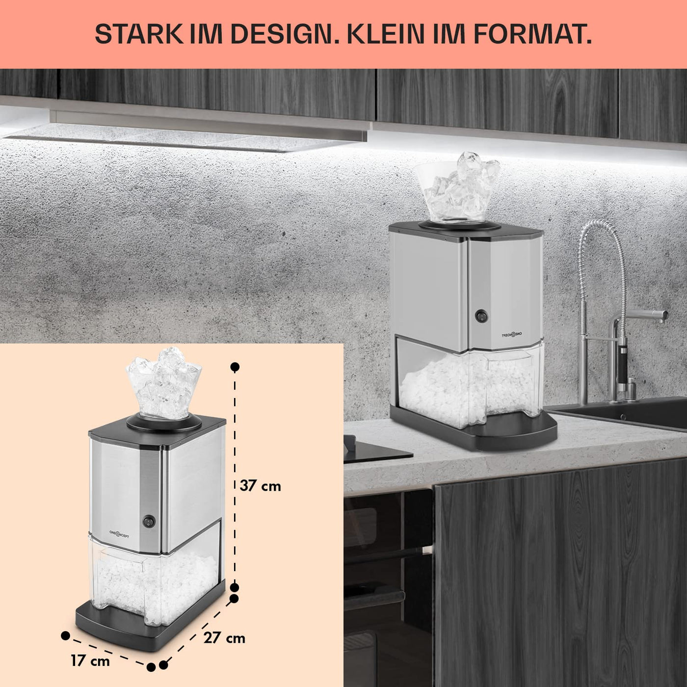 Oneconcept Crushed Ice Maschine, Schneller Crushed Ice Maker mit Auffangschale, Eiscrusher Elektrisch mit 3,5L Fassungsvermögen, Tragbare Eiscrusher Maschine, Crushed Ice-Maschinen für 15kg/h