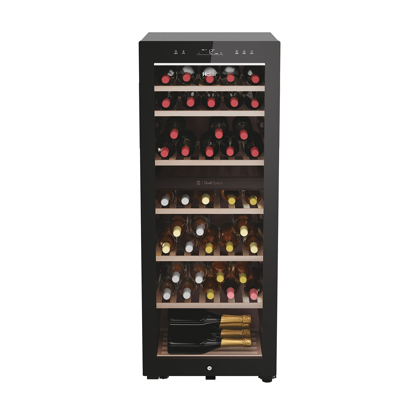 Haier HWS77GDAU1 Weinkühlschrank / 77 Flaschen / 2 Temperaturzonen/Einzigartiges natürliches Luftstromsystem/UV-Schutz, Schwarz