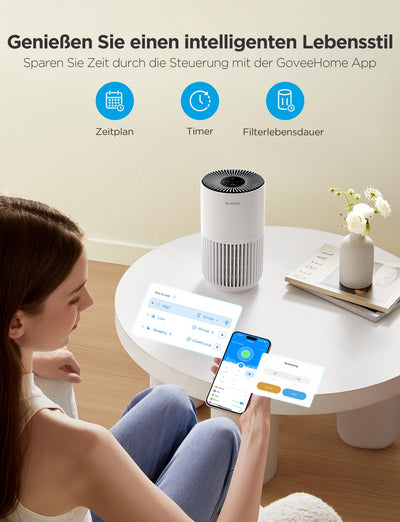 GoveeLife Mini-Luftreiniger für das Schlafzimmer, HEPA Smart Filter Luftreiniger mit Alexa App Steuerung gegen Tierhaare, Gerüche, Pollen, Rauch, tragbarer Luftreiniger mit 3 Geschwindigkeiten, Timer