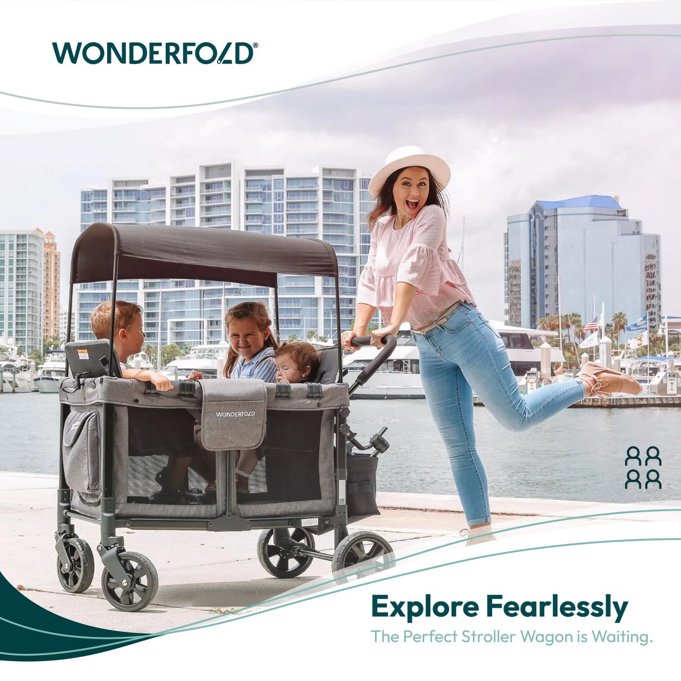 WONDERFOLD W4 4-Sitzer-Multifunktions-Quad-Kinderwagen mit abnehmbaren erhöhten Sitzen und verschiebbarem Verdeck, Grau