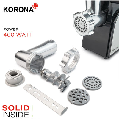 Korona 25200 Fleischwolf | Edelstahl | Für herzhafte und süße Speisen | Plätzchen | Inklusive Gebäck-, Kebbe- und Wurstfülleraufsatz | 400 Watt