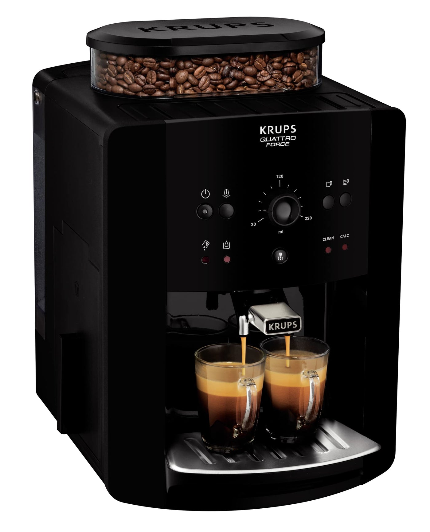 Krups EA8110 Arabica Quattro Force Kaffeevollautomat | 1450 Watt | Wassertankkapazität: 1,8 Liter | Pumpendruck: 15 Bar | 3 Temperaturen und 3 Mahleinstellungen | elegantes Design | Schwarz