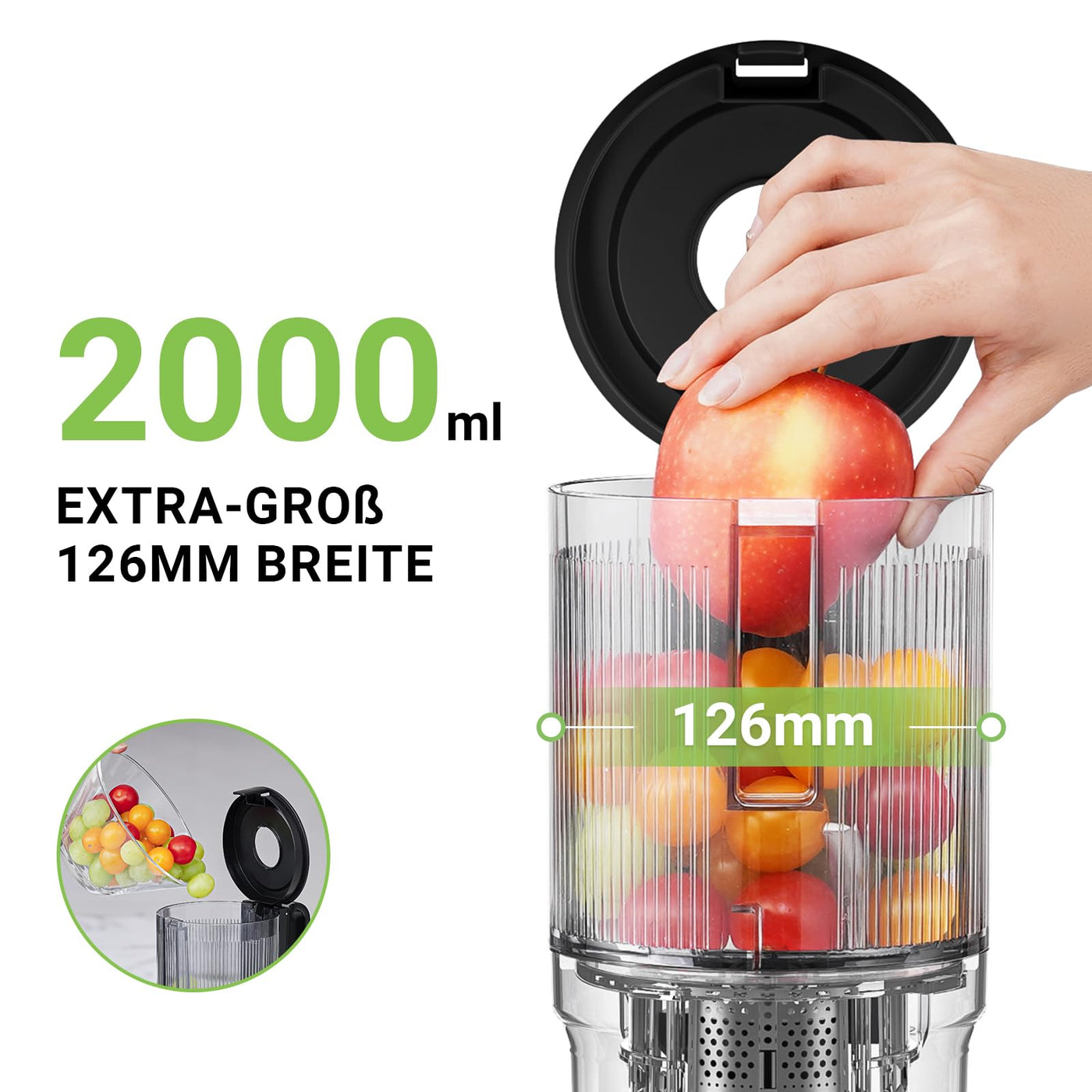 AMZCHEF Entsafter mit zwei Schnecken für automatische Zuführung und Mastikation für freie Hände - Slow Juicer mit 126MM Öffnung und 2 Liter Kapazität für ganze Gemüse und Obst - Silber