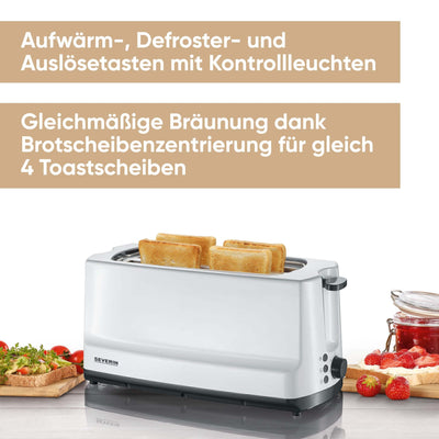 SEVERIN Automatik-Langschlitztoaster, 4 Toast, Automatik-Toaster mit Brötchenaufsatz, Edelstahl Toaster zum Toasten, Auftauen und Erwärmen, 1.400 W, weiß / grau, AT 2234