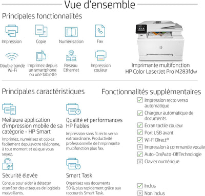 HP Color LaserJet Pro M283fdw Multifunktions-Farblaserdrucker (Drucker, Scanner, Kopierer, Fax, WLAN, LAN, Duplex, Airprint) weiß