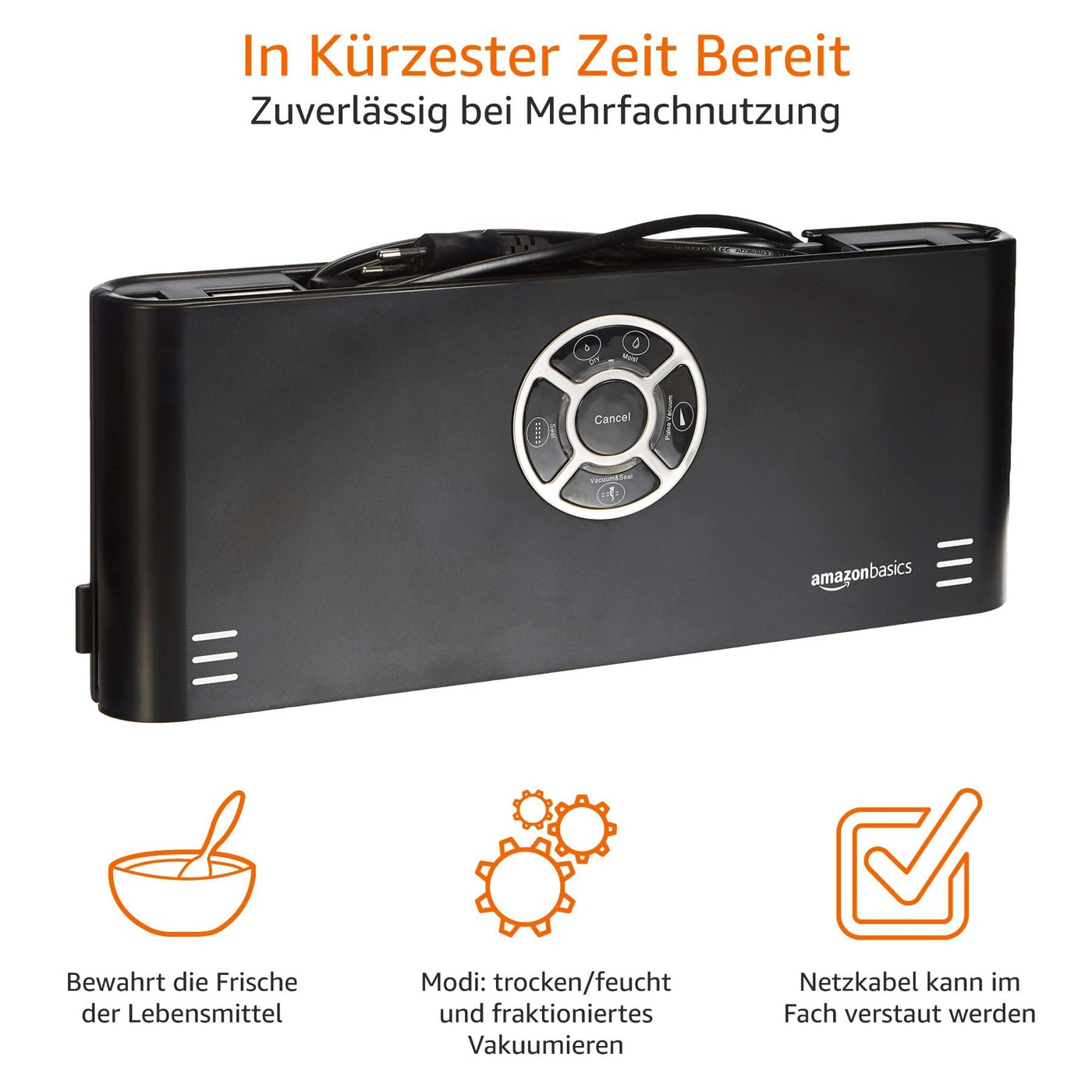 Amazon Basics - Vakuumierer, 30 cm Naht + 10 Vakuumierbeutel, Schwarz