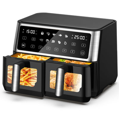 Heißluftfritteuse 2 Kammern mit Sichtfenster,10L Dual Zone XXL Airfryer,10-in-1 Voreingestellten Programmen, Touchscreen, Intelligente Synchronisierung und Timer, Energiesparend, Friteuse ohne Öl