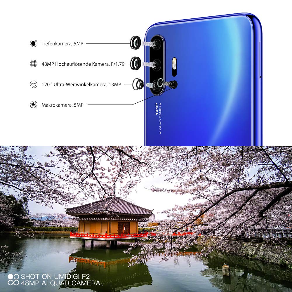 UMIDIGI F2 Android 10 Smartphone ohne vertrag 6.53 Zoll FHD+ FullView Display Handy mit 6GB+128GB, 5150mAh großer Akku, 48 MP Quad-Kamera, NFC, Google Assistant, Seitlicher Fingerabdrucksensor, Blau