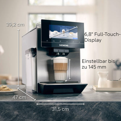 Siemens Kaffeevollautomat EQ900 TQ903D03, App-Steuerung, intuitives Full-Touch-Display, Barista-Modus, AromaBoost, Geräuschreduzierung, Premiummahlwerk, automatische Dampfreinigung, 1500 W, edelstahl