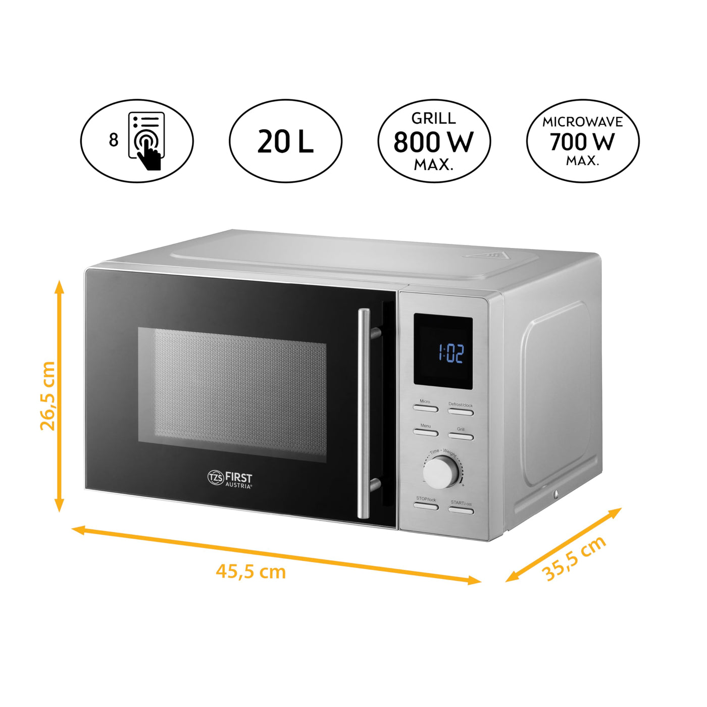 TZS First Austria Mikrowelle mit Grillfunktion | 20L Kapazität (brutto) | Schnellstartfunktion | LCD-Display | 8 Automatikprogramme | Edelstahl