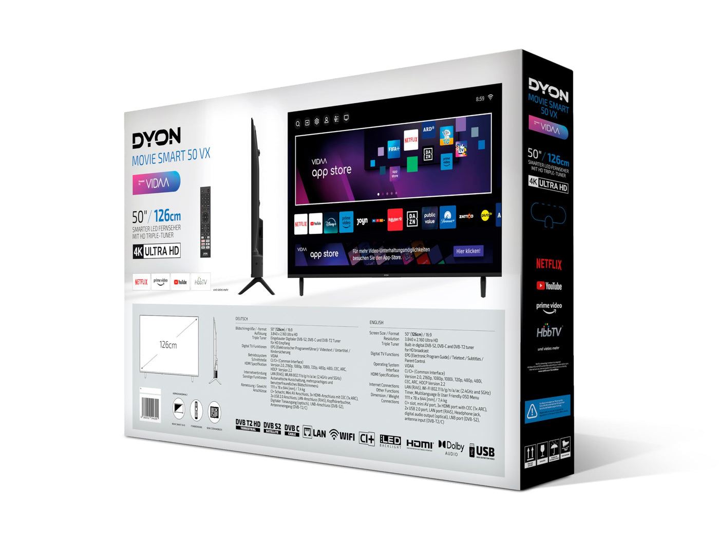 DYON Movie Smart 50 VX - Téléviseur 50 pouces (126 cm) (Smart TV 4K Ultra-HD, triple tuner (DVB-C/-S2/-T2), App Store, Prime Video, Netflix, YouTube, DAZN, Disney+) [Mod. [2024]