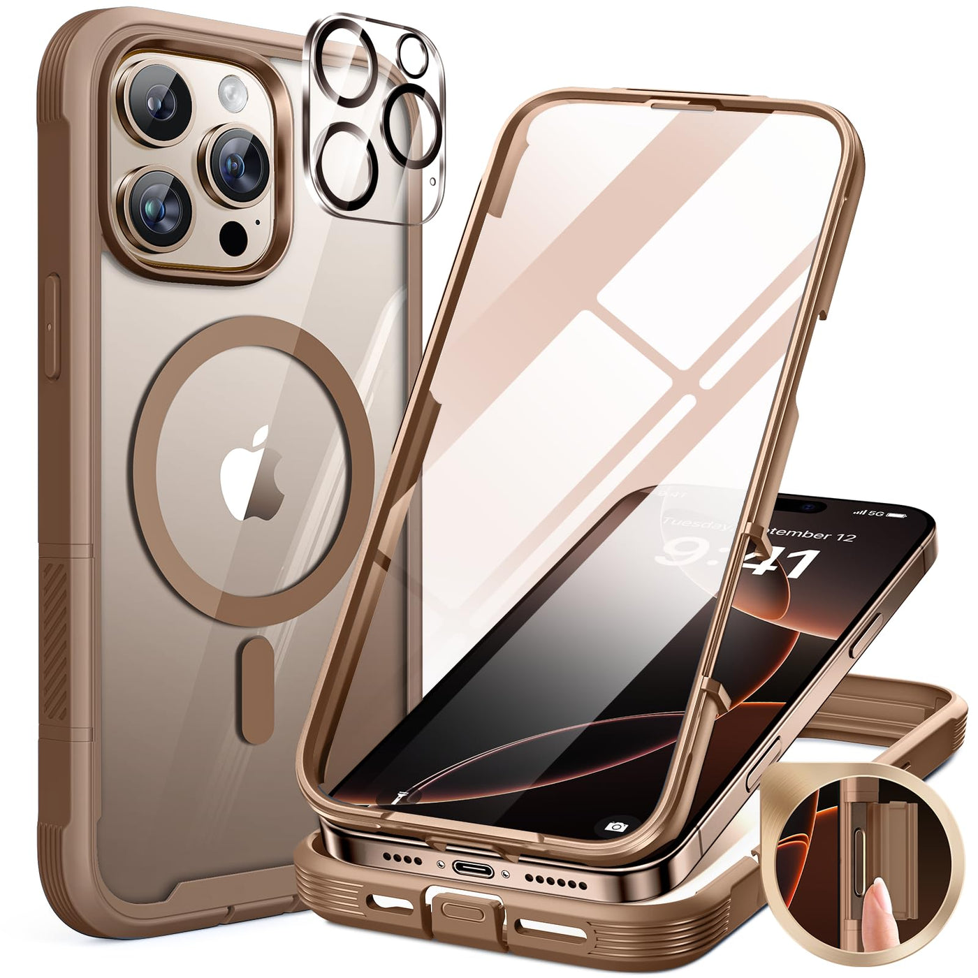 Miracase 360 Grad für iPhone 16 Pro Max Hülle mit Magsafe, Eingebaut Glas Schutzfolie, Komplettschutz HandyHülle Magnetisch Stoßfest Case für iPhone 16 ProMax Schutzhüllen 6,9 Zoll, Goldbraun