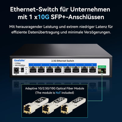 Goalake Multi-Gigabit Desktop-Switch, 8 Anschlüsse, 2,5 G, Nicht verwaltet, 8 Base-T Ports 2,5 G, 1 SFP+ 10 G, 802.3X Flusskontrolle, 2,5 Gbe Netzwerk-Switch, ideal für kleine Büros