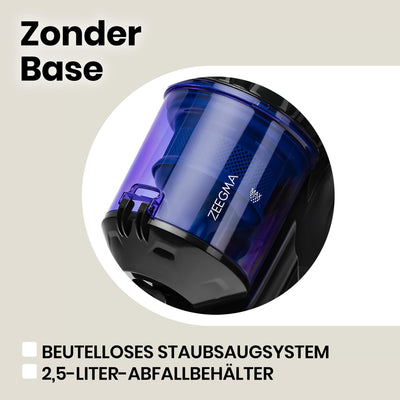 ZEEGMA Zonder Base Staubsauger beutellos Zyklon Staubsauger, hohe Saugleistung, 2 HEPA H13 und waschbare Filter Allergikerfreundlich Staubbehälter, 2,5 Liter