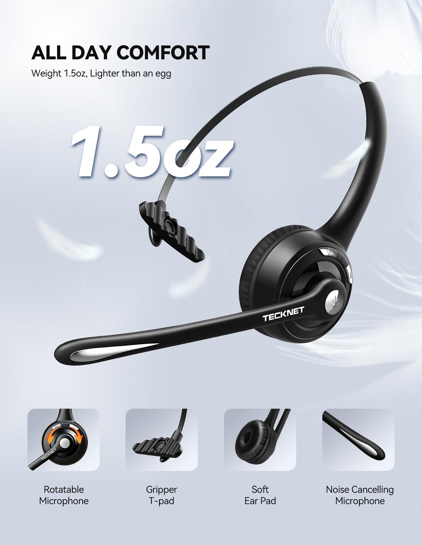 TECKNET Bluetooth Headset mit Mikrofon, kabelloses PC Headset, Rauschunterdrückung und Freisprechen Chat Headset für Computer, Callcenter, Telefonkonferenzen, Super Leicht, Ultra Komfort