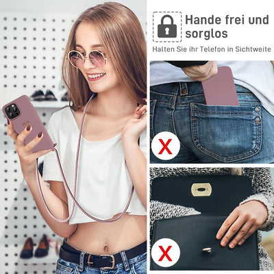 Eherui Handykette für iPhone 16 Pro Hülle mit Band,Design Gold Herz,Dünn Stoßfeste SchutzHülle,mit Abnehmbar Kordel zum Umhängen Liquid Silikon Case Handyhülle für iPhone 16 Pro 6,3 Zoll,Rosa