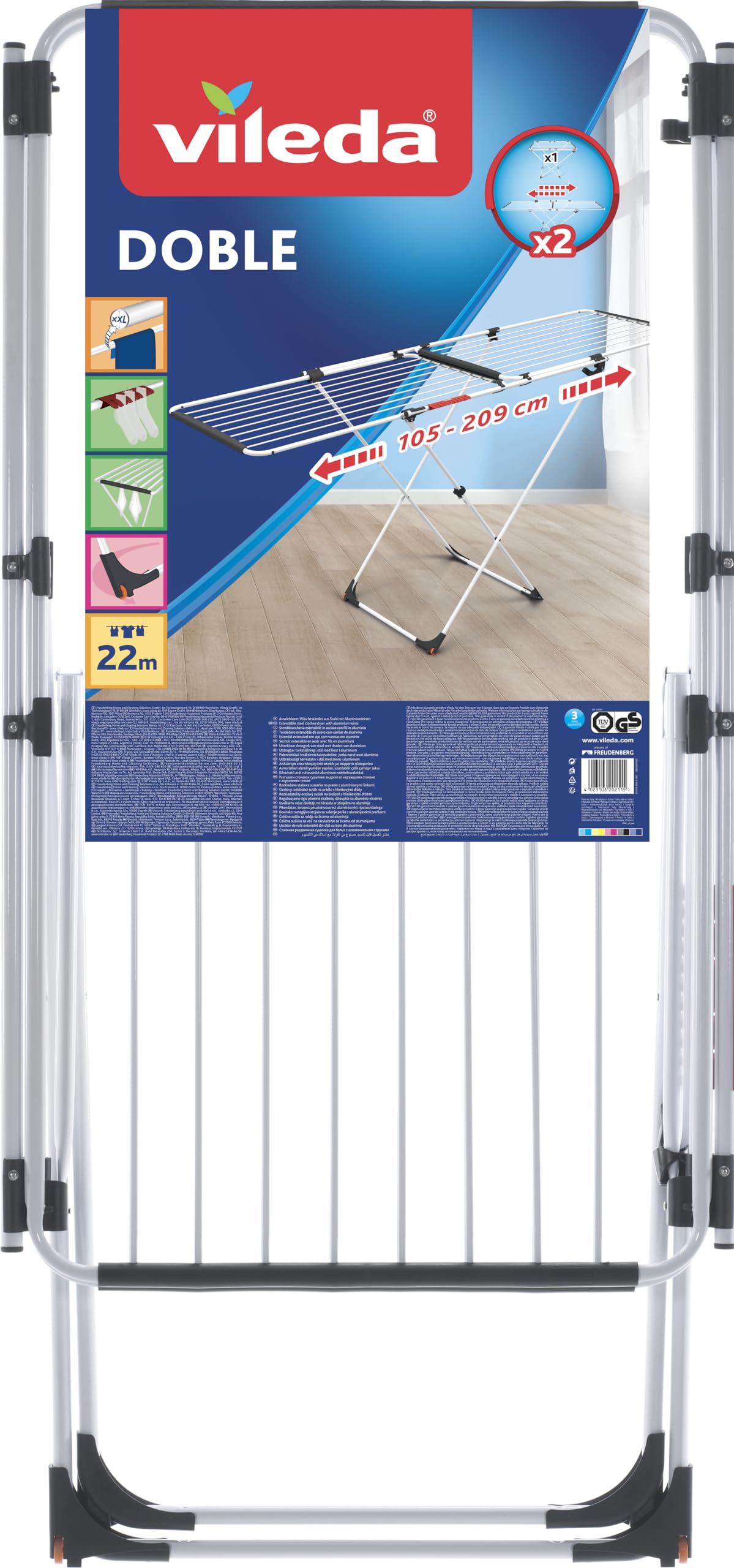 Vileda Doble Wäscheständer ausziehbar, 22m Trockenlänge, 61 x 19,5 x 130,5 cm, Weiß