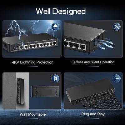 Binardat 10 Port Gigabit Ethernet Switch, 8 Ports 100/1000Mbps, 2 Gigabit Uplink, Unterstützung Vlan, Metallgehäuse Unmanaged Plug and Play