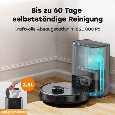 ZACO A10 Pro Saugroboter mit Wischfunktion, 2,5l Absaugstation bis 60 Tage, Lasernavigation, 3000Pa, 2in1 Saug und Wischroboter, ideal für Tierhaare, Teppicherkennung, leise, App & Alexa Steuerung