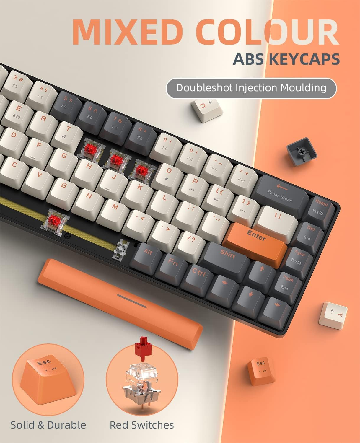 YINDIAO K68 60% Kabellose Mechanische Gaming Tastatur,Bluetooth 5.0/2,4 GHz,Kompakte 68 Tasten Mini Tastatur mit Dual Modus Empfänger,Hot Swap fähig,Stromsparend,Roter Schalter,für PC,Mac (Twilight)