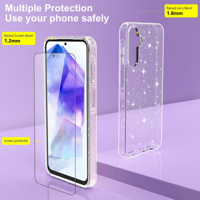 YIRSUR Glitzer Hülle für Samsung Galaxy A55 5G, mit 2 Stück Glasfolie, Transparent Handyhülle Bling Weiche TPU Silikon Stoßfest Schutzhülle für Frauen und Mädchen