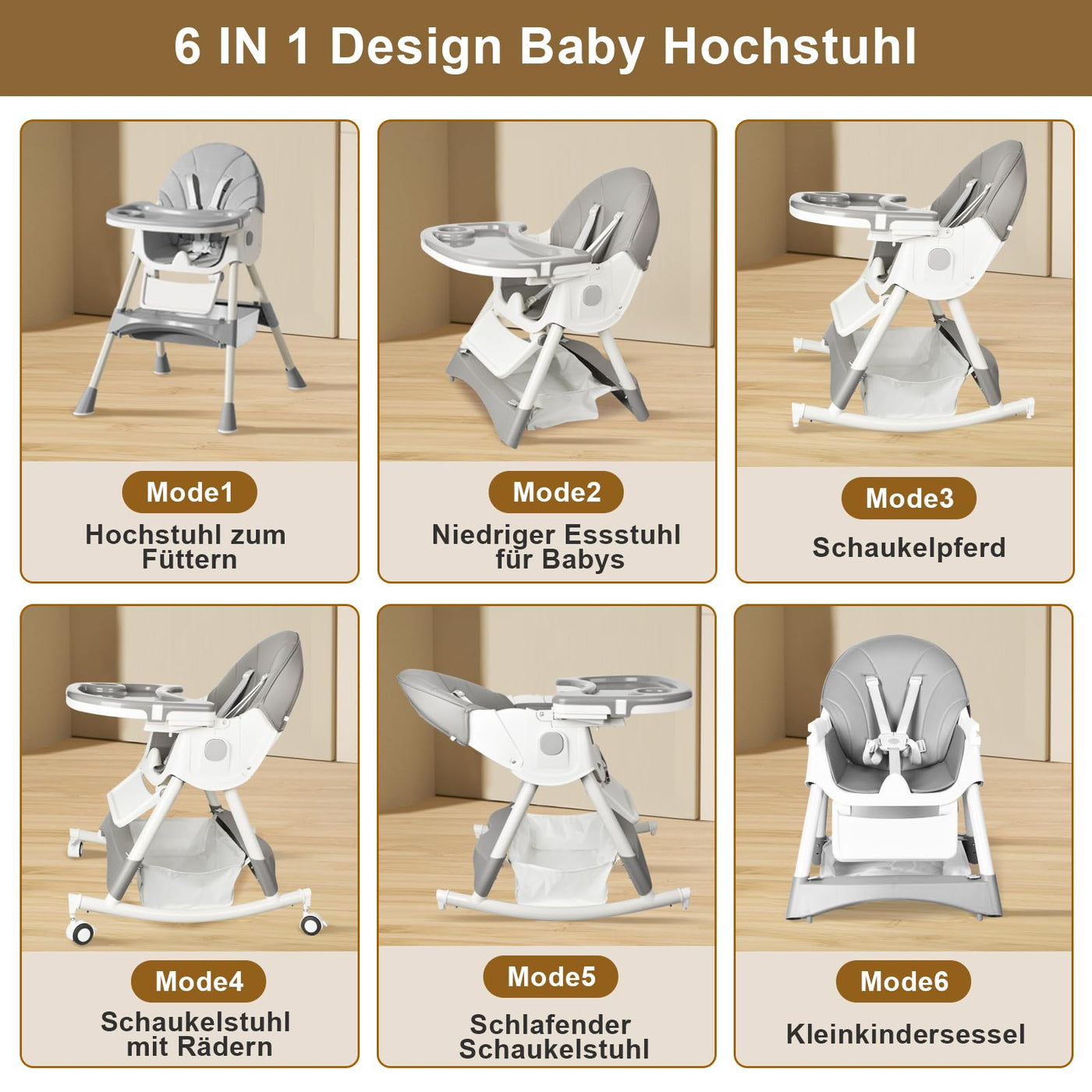 LINELUCK Chaise Haute Bébé 6 en 1 Chaise Haute pour Enfants avec Transat Bébé et Chaise Berçante Bébé, Chaise Haute Pliable Réglable Bébé avec Plateau d'Alimentation et Roues, Panier, Grandit avec l'Enfant de 6 Mois à 6 Ans Chaise Bébé