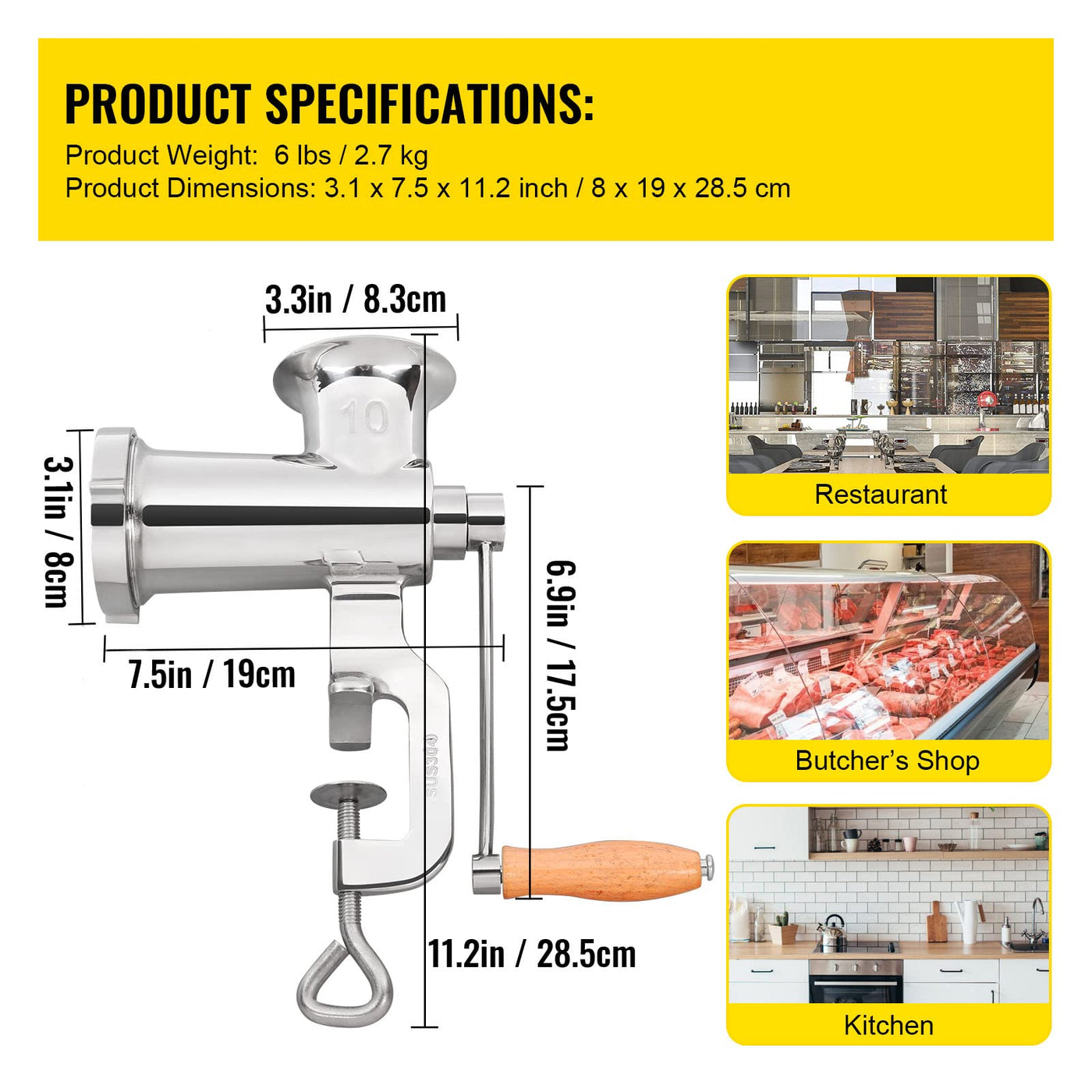 VEVOR Manuelle Fleischmühle, alle Teile Edelstahl, handbetriebene Fleischmahlmaschine mit Tischklemme, 2 Schleifplatten & Wurstfüller, ideal für Zuhause Küche Restaurant Metzgergeschäft, Silber