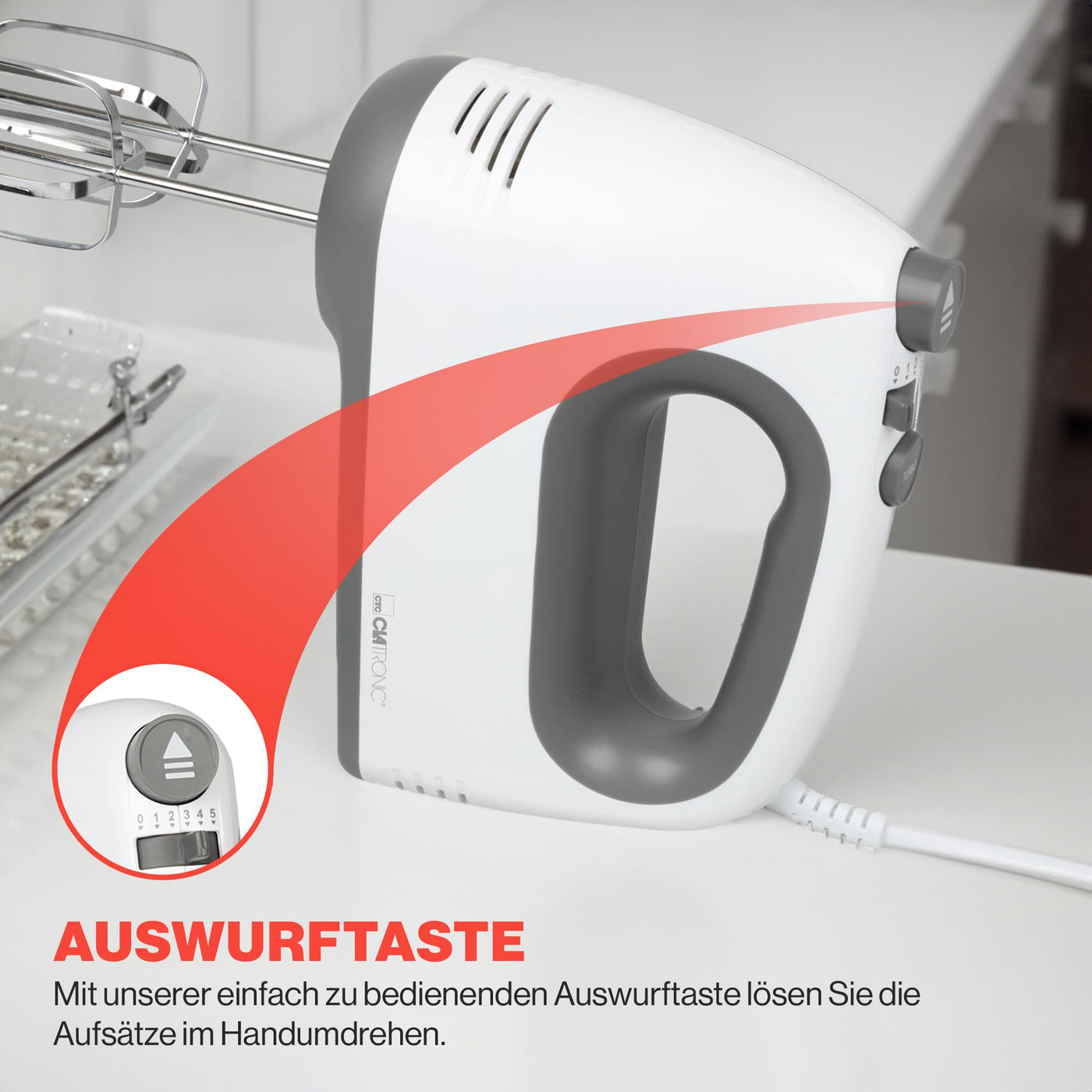 Clatronic Mixer | kraftvoller 400 Watt-Motor | Handmixer | Turbostufe & 5 Geschwindigkeitsstufen | Handrührgerät | spülmaschinengeeignete Edelstahlquirle und -knethaken | HM 3775