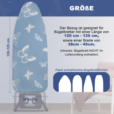 Frilodge Bügeltischbezug mit Dicker Polsterung 120x40, Rundum-Elastikband, Klettverschlüsse, passend für Bügeltische 125x45, ideal für Dampfbügelstationen Ironing Board Cover (Blue (Butterfly)