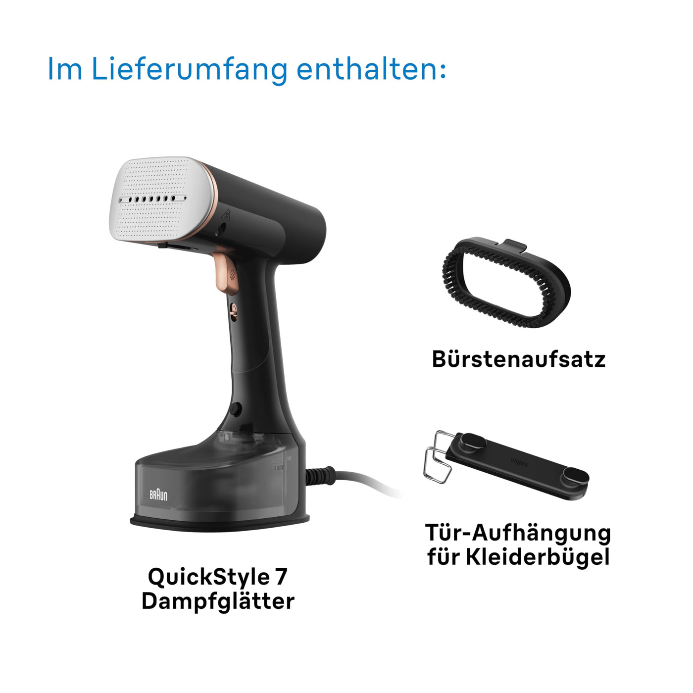 Braun QuickStyle 7 GS7077BK Dampfglätter, Dual FreeGlide 3D Technologie, FastSteam Technologie, Steamer, Dampf 35 g/min, Wassertank 250 ml, 3 m Kabellänge, in 35 Sekunden bereit, 1600W, Schwarz/Kupfer